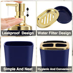 Navy Blue Bathroom Accessories Set 8 Piece Navy Blue and Gold Bathroom Set, Bathroom Sets with Stainless Steel Trash Can,Toilet Brush,Toothbrush Set,Soap Dispenser