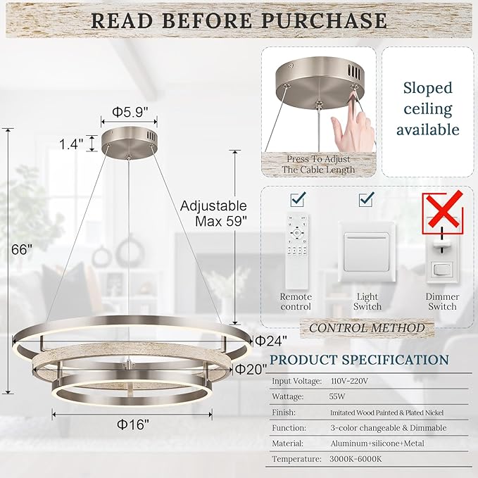 3 Ring LED Chandelier Nickel Round Chandelier Light Fixture Dimmable Foyer Chandeliers Light Weathered Wood Circular Chandeliers for Dining Room Entry Bedroom Office Living Room