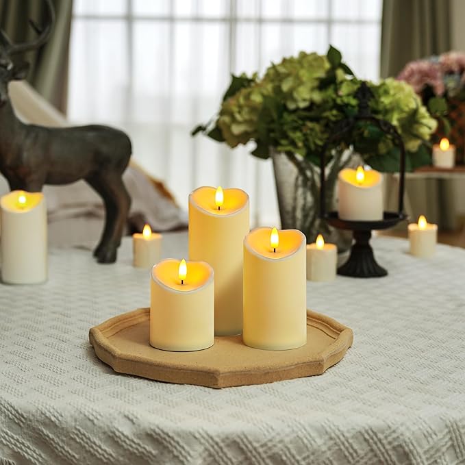 Homemory Flameless Candles with Timer and Remote Control, Battery Operated LED Candles, Realistic Fake Plastic Candles for Wedding, Festival, Home Decor, Waterproof Outdoor, D3”H4”6”8”, Dark Ivory