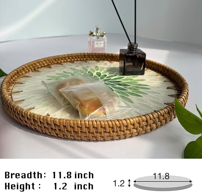 11.8 inch Round Rattan Serving Tray with Mother of Pearl Inlay Wicker Platter Coffee Tray for Coffee Table Decor Coastal Boho Kitchen Storage Display Decorative Basket Food Tray Handmade Wall Decor