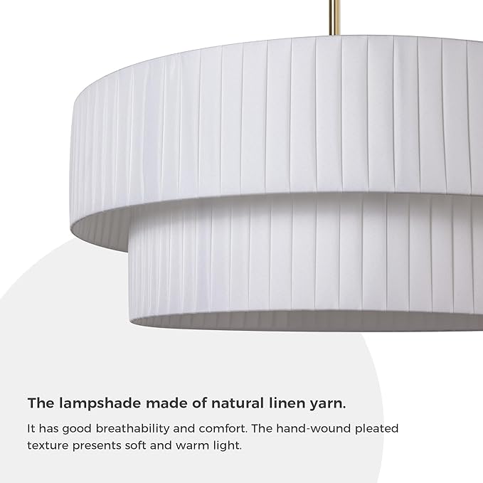 LamQee 20” Modern Drum Chandelier, 2-Tier Semi-Flush Mount Pendant Light Fixtures, 3-Light Hang Ceiling Lamp Hallway Lights Fixture with White Fabric Lampshades