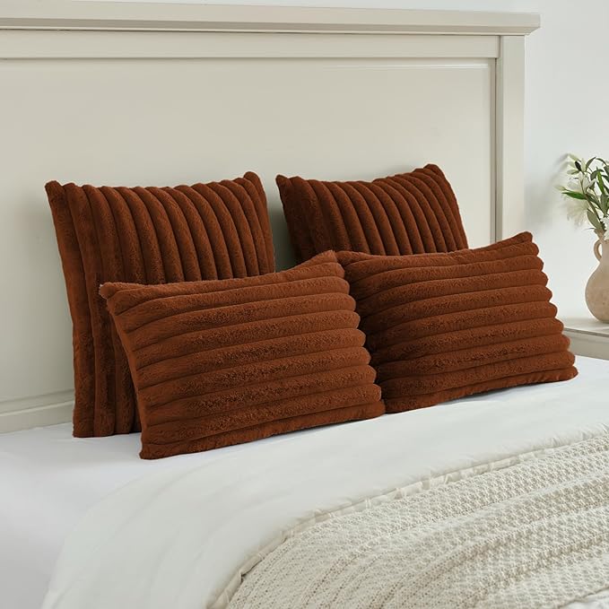 FUTEI Rust Striped Decorative Throw Pillow Covers 16x16 Inch Set of 2,Square Winter Decorations Couch Pillow Case,Soft Cozy Faux Rabbit Fur & Velvet Back,Modern Home Decor for Bed