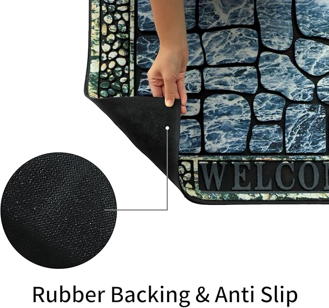 Door Mat Welcome Mat, Heavy Duty Door Mat 23.6 x 35.4 Inch Front Rug Doormat for Outdoor Entrance Home Non-Slip Rubber Rug for Front Door, Outside, Entryway, Patio (Blue Welcome)