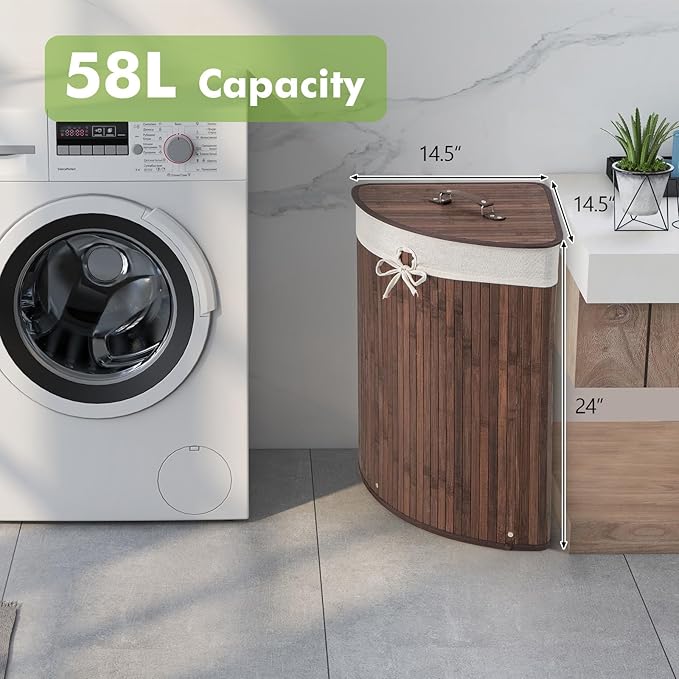 Giantex Corner Laundry Hamper with Lid, 58 L Bamboo Laundry Basket with Removable Liner & Handle, Triangle Clothes Hamper for Small Spaces, Bedroom, Bathroom, Laundry & Living Room (Brown)