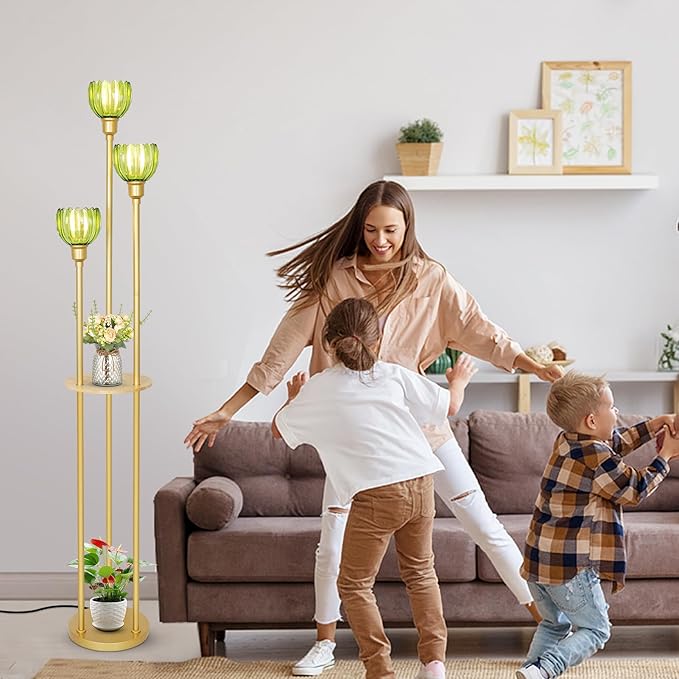 HMVPL Gold Floor Lamp for Living Room, Boho Floor Lamp with Shelves, Vintage Standing Lamp with Table, Brass Flower Tall Lamp with Green Glass Shade, On/Off Switch, Mid Century Corner Lamp for Bedroom