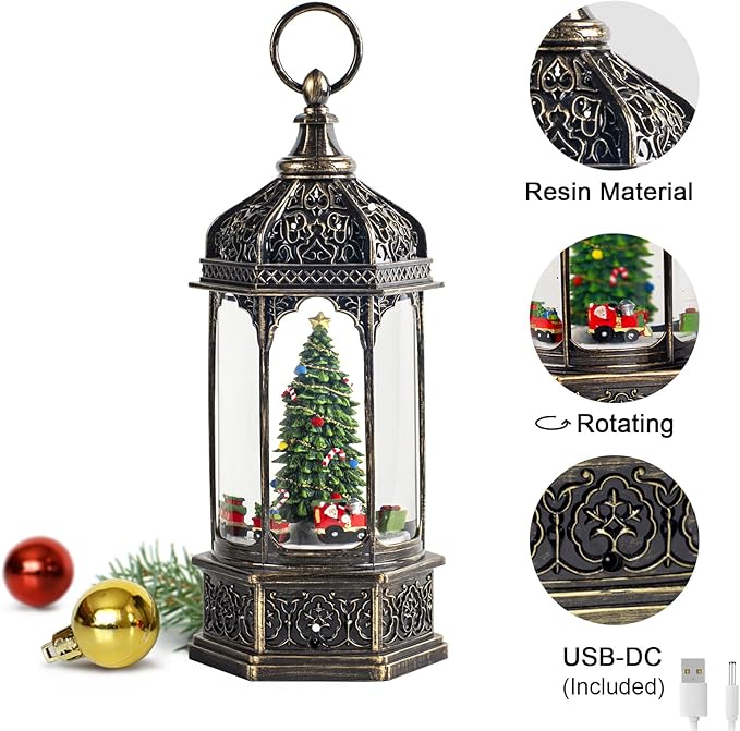 Christmas Snow Globes with Music,6H Timer Cylindrical Flashing Snow Ball,Bronze Musical Box Including 8 Songs,Glitter Snowflakes Lantern with Christmas Tree Xmas Decor Gift
