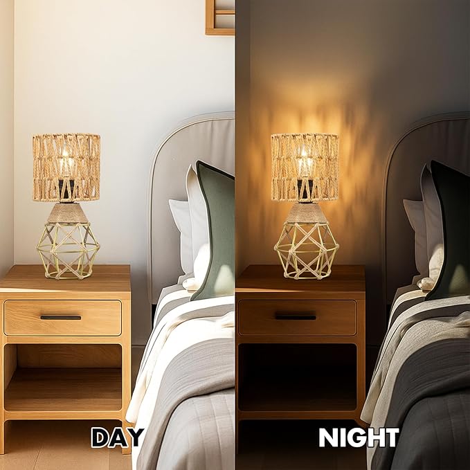 Hamilyeah Boho Table Lamps Set of 2, Small Desk Lamp with Woven Shade, Modern Farmhouse Bedside Lamp for Bedroom, Industrial Table Lamp for Living Room, Decorative Desk Lamp for Office or Nightstand