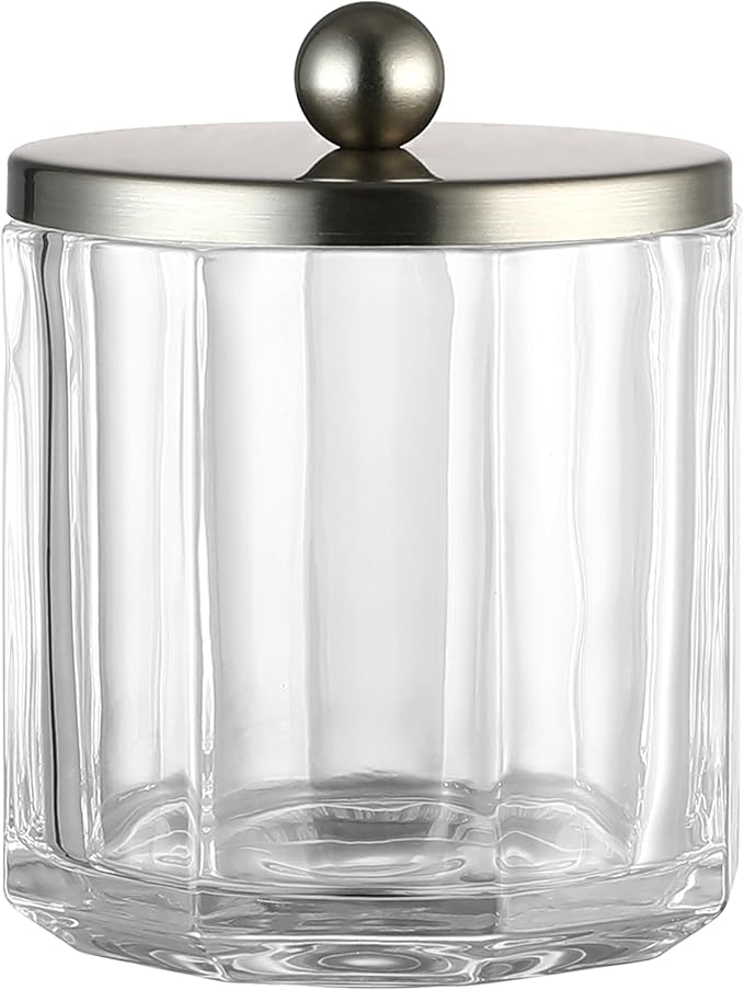 Home Glass Cotton Jar Holder Nickel Lid, Elegant Bathroom Storage Canister for Qtips, Cotton Balls, Floss, Makeup Organizer, Vanity Bathroom Organization