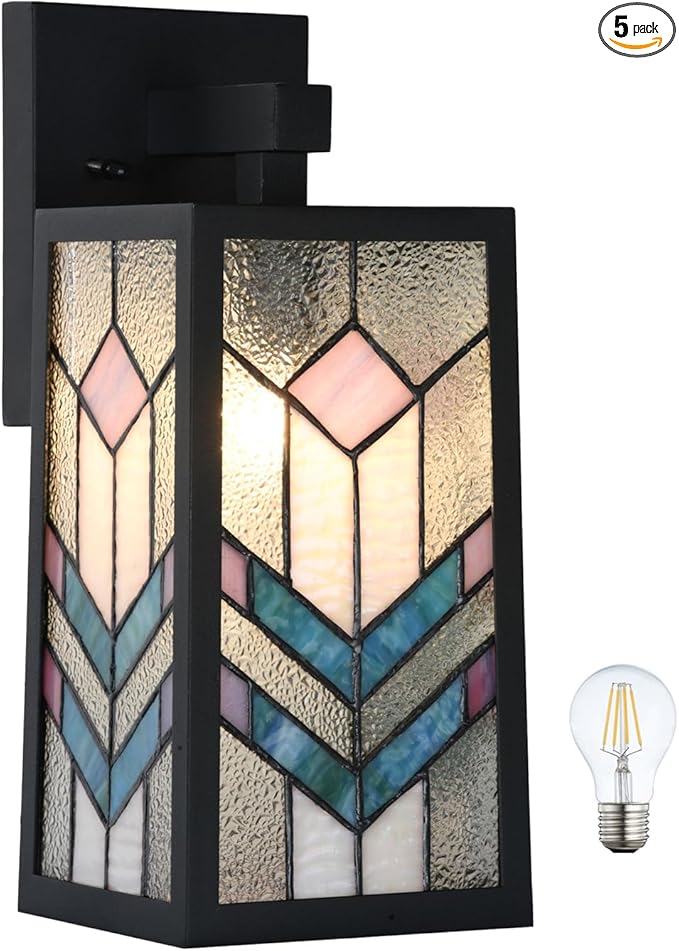 WL0012 Tiffany Style Outdoor Light Fixutres Stained Glass Wall Sconce Exterior Waterproof Wall Lantern Light for Balcony Aisle Hallway W 7X D 6.5 x H 13.5 Inches, Bulb Included (Prismara)