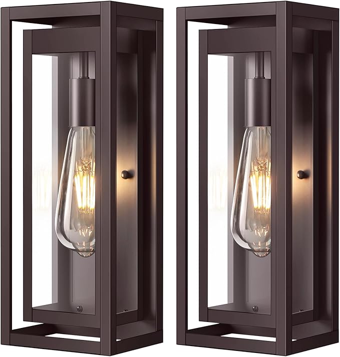 15" Large Oil Rubbed Bronze Outdoor Light Fixture, 2 Pack ORB Outdoor Sconces, Modern Waterproof Wall Lights with Clear Glass Shade for Front Door, Porch, Garage