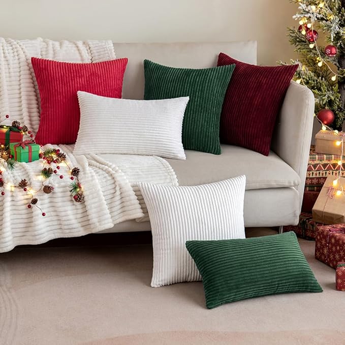MIULEE Pack of 2 Army Green Corduroy Pillow Covers Soft Boho Striped Throw Pillow Covers Set Decorative Square Cushion Cases Pillowcases for Spring Sofa Bedroom Couch 16 x 16 Inch
