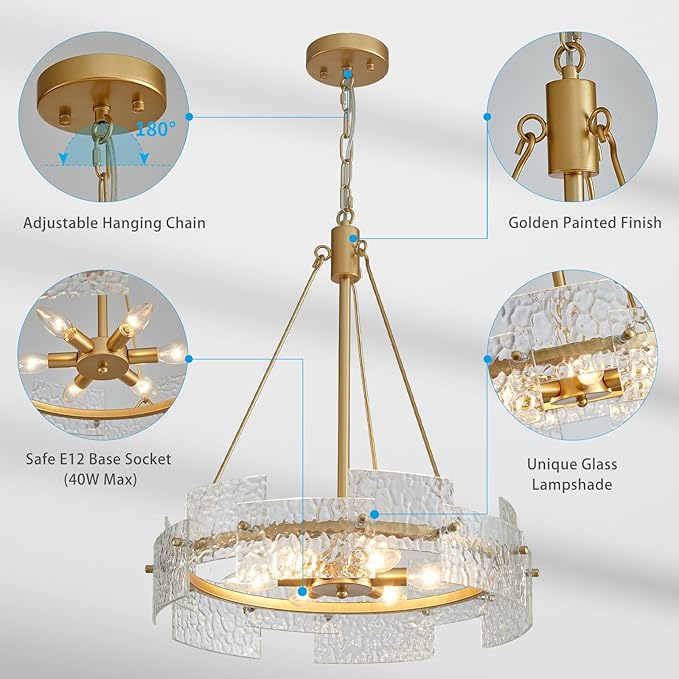 XINGQI Gold Chandelier Modern Farmhouse 6-Light 19.7" Water Ripple Glass Drum Chandeliers Height Adjustable Rustic Pendant Lighting Fixture for Dining Room Living Room Kitchen Island Bedroom