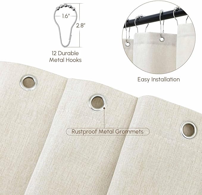Scalloped Shower Curtain Linen Textured with 12 Metal Hooks Cute Modern Style, Washable Waterproof Cloth Shower Curtains with Black Border for Bathroom Decor Hotel Bathtub, Beige/Cream, 72x72