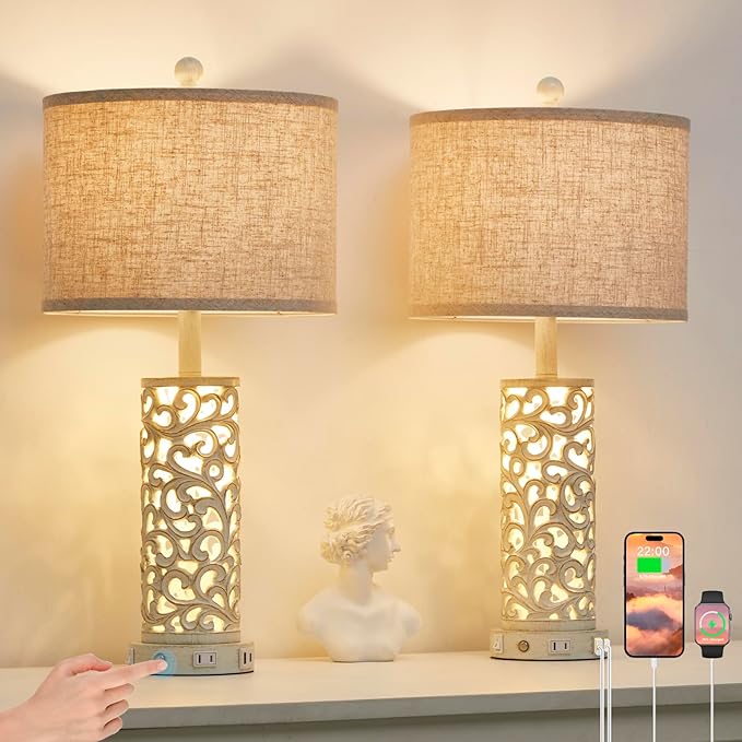 26" Farmhouse Table Lamp - 2 USB A+C 3-Way Dimmable Touch Lamps