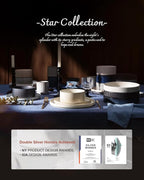 Famiware Star Dinnerware Set, Plates and Bowls Sets for 8 (24pcs), Ribbed Stoneware Dishes - Chip & Scratch Resistant, Microwave & Dishwasher Safe, Multicolor - Cappuccino White & Nebulas Blue