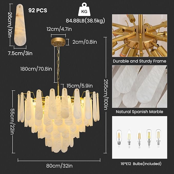 Alabaster Round Chandelier, 32 In 92 PCS Natural Spanish Marble Stone Texture Chandelier, 6-Tiers Modern Luxury Brass Chandeliers for Dining Room, Living Room, Bedroom, Entryway, Foyer(Bulbs Included)
