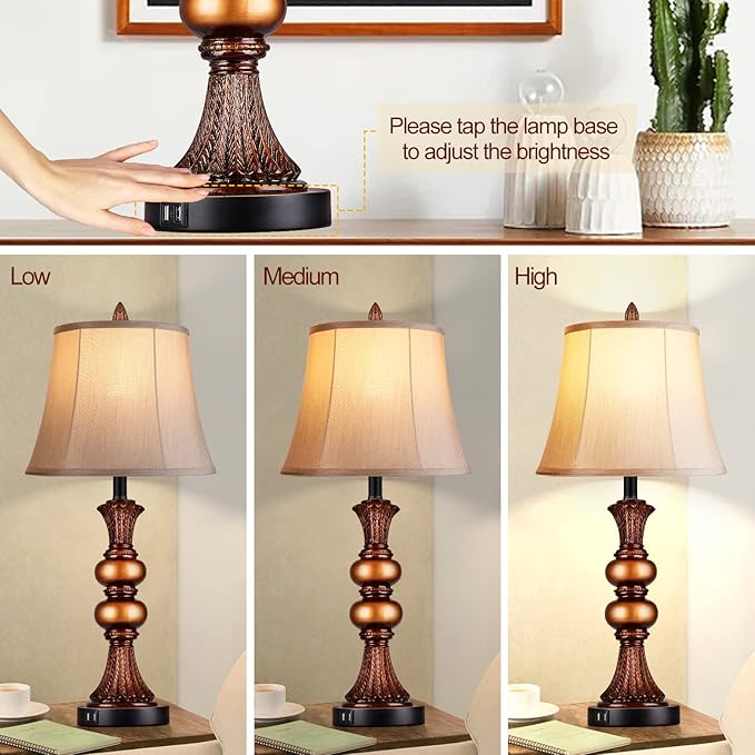 Set of 2 Touch Control Traditional Table Lamp, 27" H Bedside Lamps with 2 USB Charging Ports, 3-Way Dimmable Bronze Finish Large Nightstand Lamps with Bell Faux Silk Shade for Living Room, Bedroom