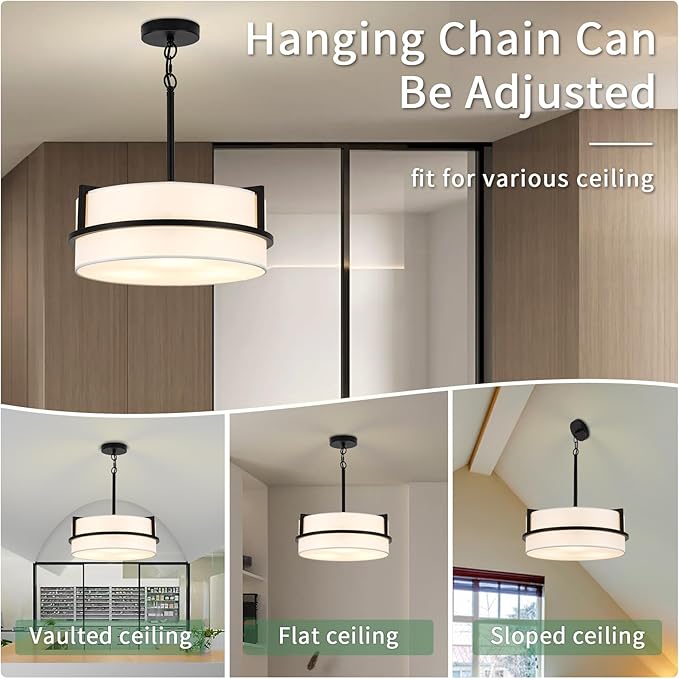 Modern Drum Chandelier for Dining Room 3 Light,15.7" Wide White Linen Drum Shade Ceiling Light Fixture,Pendant Lighting with Adjustble Hang Height Chandelier for Kitchen Islands Living Bedroom