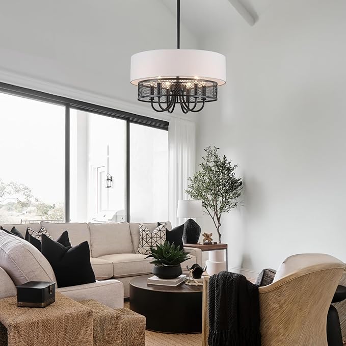 6-Light Modern Drum Chandelier for Dining Room,18'' Large Drum Pendant Light with Fabric, 2-Layer Farmhouse Chandeliers for Bedroom Dining Room Foyer Kitchen Hallway Island