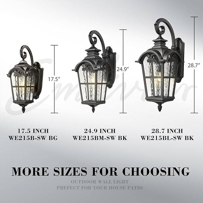 Emliviar 28.7" Black Outdoor Wall Sconce, Large Exterior Lantern Light Fixture with Die-Cast Aluminum & Water Ripple Glass, WE215BL-SW BK