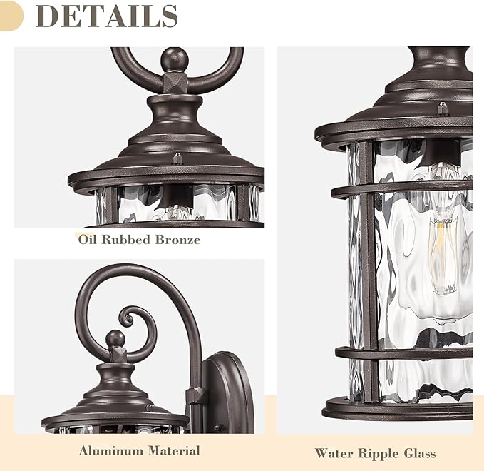 Emliviar 15.5" Outdoor Wall Mounted Light Fixture, Farmhouse Porch Lighting in Oil Rubbed Bronze Finish, Outside Lantern for Yard with Water Ripple Glass Shade, XE229B ORB WG