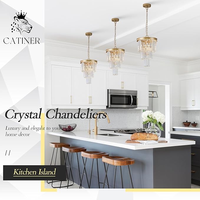Modern Crystal Pendant Light for Kitchen Island, Mini Gold Crystal Light Fixture Luxury for Dining Room, K9 Ceiling Pendant Light 3 Tiers for Hallway Bedroom Closet