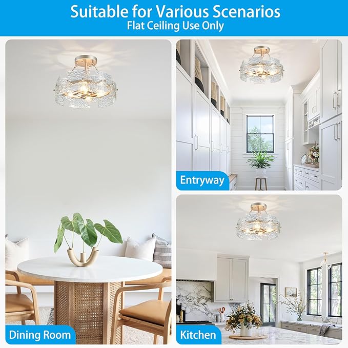 XINGQI Drum Ceiling Lights for Dining Room 4-Light Modern Farmhouse Water Ripple Glass Sliver Ceiling Lighting Fixture 15.7" Bedroom Living Room Hallway Entryway