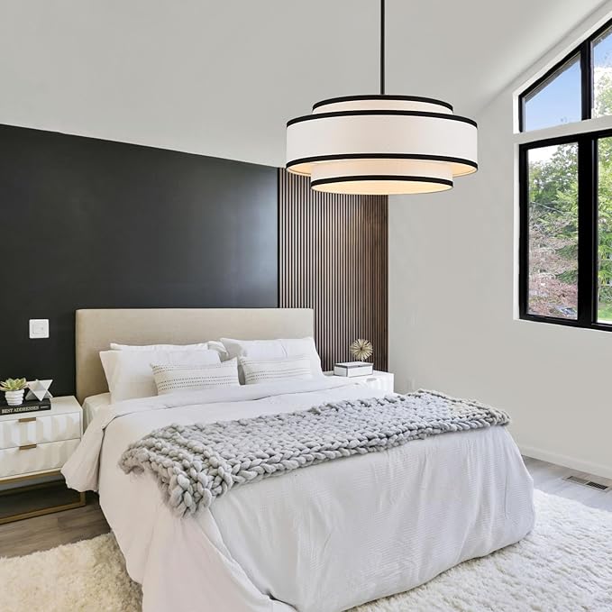19.7" Black Drum Chandelier with White Linen Lampshade 4-Light Modern Farmhouse Chandelier Light Fixture for Dining Room, Kitchen Island, Foyer Entryway Bedroom