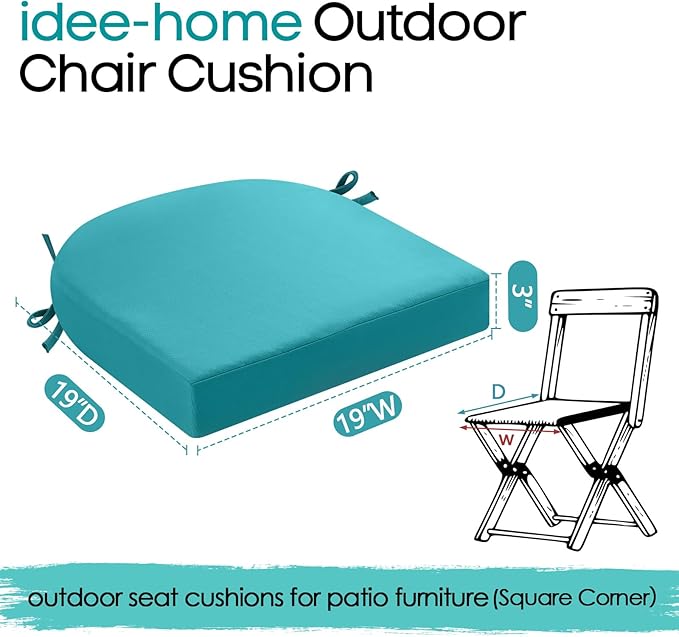 idee-home Outdoor Chair Cushions Set of 2, Thick 19" x 19" x 3" Outdoor Seat Cushions Patio Furniture Waterproof with Ties, Dining Pads