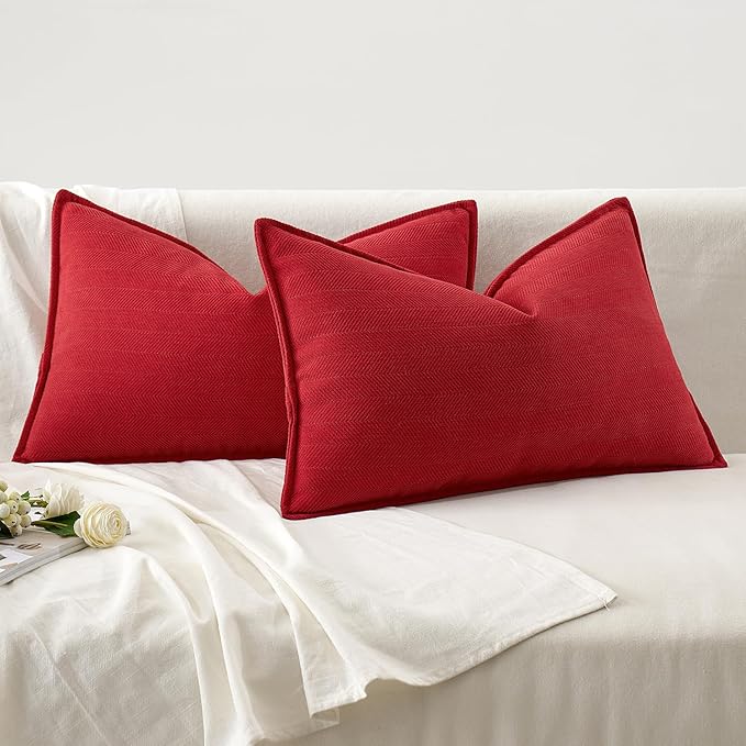 MIULEE Pack of 2 Christmas Red Decorative Lumbar Pillow Covers 12x20 Inch Soft Chenille Luxurious Couch Throw Pillows Farmhouse Cushion Covers with Elegant Design for Sofa Bedroom Living Room Decor