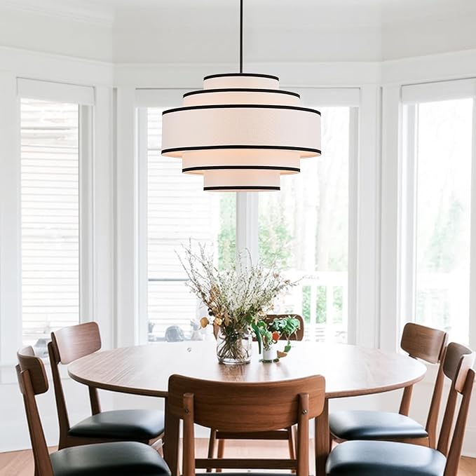25.6" Black Drum Chandelier with White Linen Lampshade 6-Light Modern Farmhouse Chandelier Light Fixture for Living Room, Dining Room, Kitchen Island, Entryway, Stairway