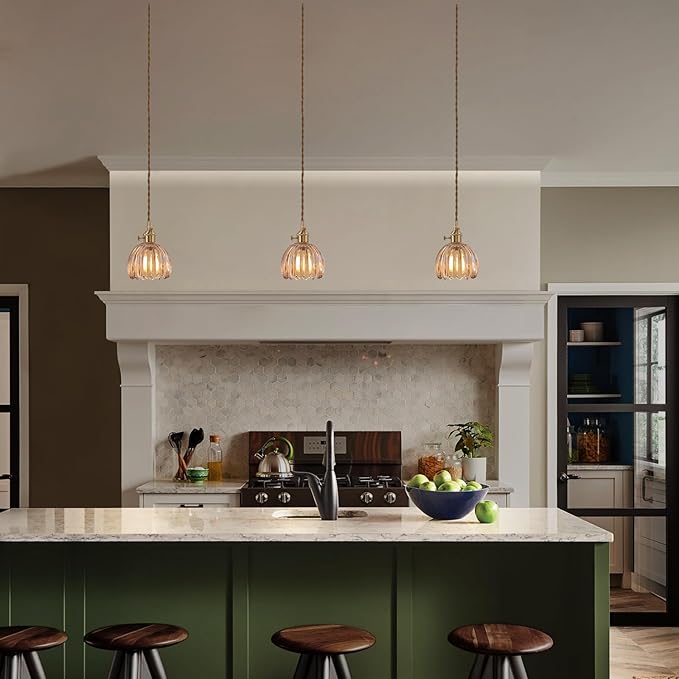 Mini Pendant Light with Amber Tulip Glass Lmapshade, Brass Vintage Pendant Light Adjustable Hanging Light for Kitchen Island Dining Room Hallway