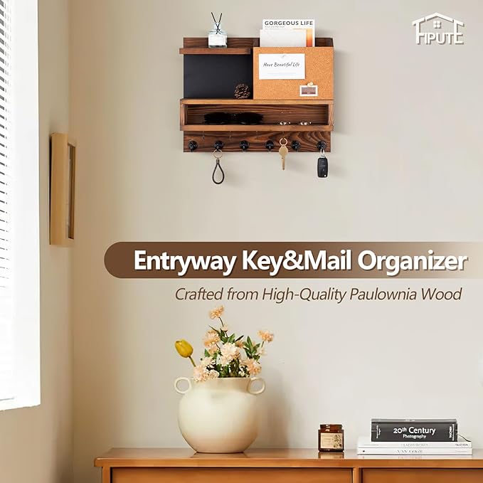 Key Holder for Wall Mount with Mail Organizer, Farmhouse Key Holder for Wall with Shelf, Chalkboard&Corkboard, Entryway Organizer 11 Metal Hooks, Decorative Natural Pine Wood, 14.6*11.1*3.3”, B-Brown