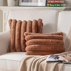 Faux Fur Plush Throw Pillow Covers 12x20 Inch Set of 2 - Luxury Decorative Fuzzy Striped Soft Cozy Pillowcase for Couch, Sofa, Living Room - Brown