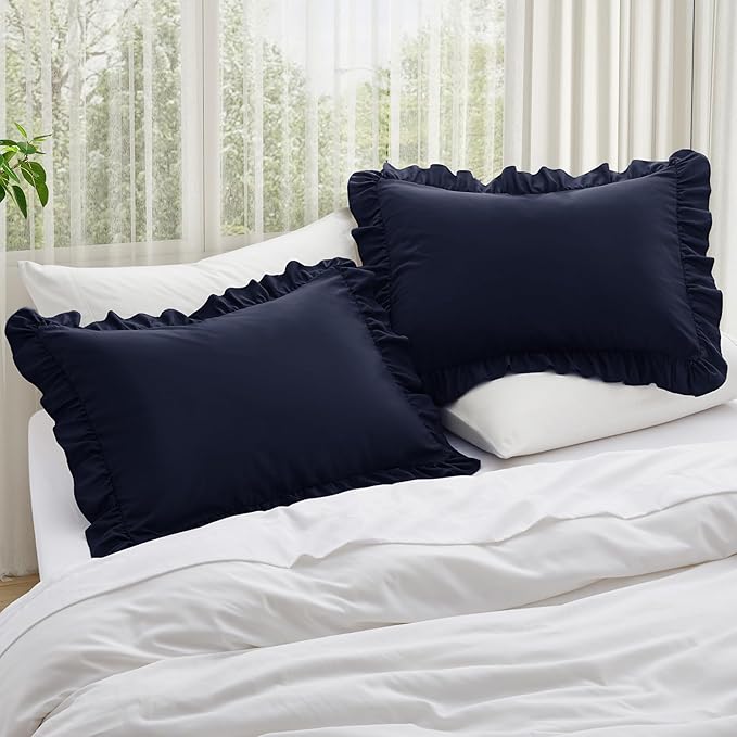 KKJIAF Ruffle Pillow Cases Queen Size Set of 2, Ruffled Pillow Covers with Envelope Closure, Wrinkle Resistant Ruffled Pillow Shams 20" x 30", Navy Blue