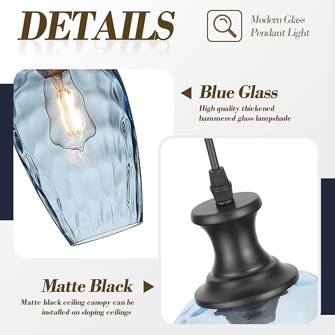 Glass Pendant Lights Kitchen Island, 1-Light Blue Pendant Light Fixtures with Hammered Glass, Modern Farmhouse Hanging Light for Kitchen Sink Dining Room Bedroom, E26