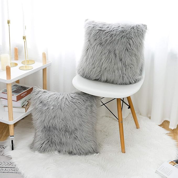 WLNUI Set of 2 Light Grey Christmas Decorative Pillow Covers New Luxury Series Merino Style Faux Fur Fluffy Throw Pillow Covers Fuzzy Cushion Case for Sofa Bedroom Living Room Home Decor 18x18 Inch