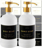 16oz Glass Soap Dispenser with Stainless Steel Pump, 21 Waterproof Labels, Non-Slip Protective Silicone Pad, Set of 2 for Bathroom & Kitchen (Matte White Bottle/Brushed Gold Pump)