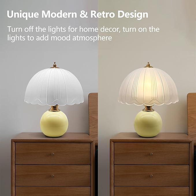 Mid Century Modern Table Lamp - Glass Mushroom Lamp with 3 Color Temps, 12" Vintage Bedside Lamp for Bedroom Living Room, Retro Desk Lamp with E26 Bulb