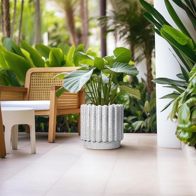 Ceramic Planter for Indoor Plants - 12 Inch Plant Pot Indoor with Drainage Hole, Large Ceramic Flower Pots Outdoor, Fluted Round Planter, Home Decor, Gardening Gifts, Black and White