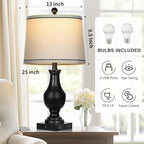 Vintage Farmhouse Lamps Set of 2, 25" Rustic Retro Table lamps with USB A+C Charging Ports & AC Outlet, Antique Resin Traditional Bedside Lamp with Linen Fabric Lampshade for Living Room Bedroom Black