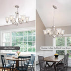 Modern Brushed Nickel Farmhouse Chandelier 6 Light Silver Chandeliers for Dining Room Adjustable Height Hanging Light Fixture with Clear Glass Shade,Pendant Light Fixture for Living Room Hallway Foyer