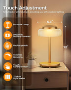 QiMH Battery Operated LED Table Lamp, 5000mAh Rechargeable Cordless Lamp Set of 2, Stepless Dimmable Touch Control, Small Waterproof Desk Night Light for Living Room, Bedroom, Outdoor Bar (Gold)