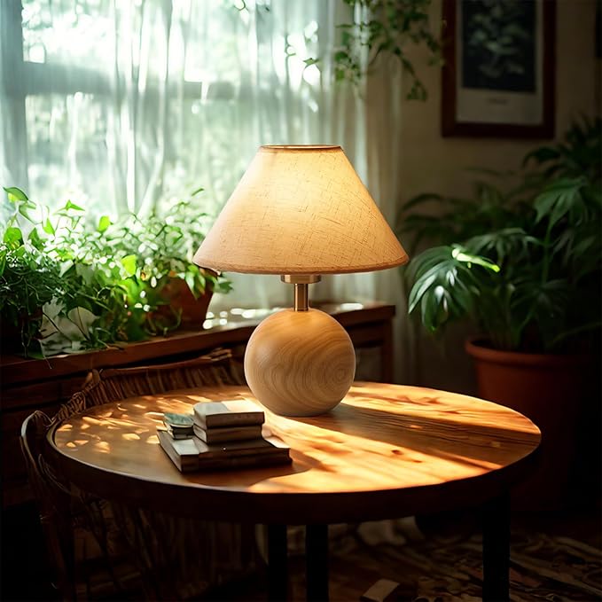 Table Lamp for Living Room,Wood Base Flaxen Fabric Shade Desk Lamp for Bedroom,Small Décor Ambient Bedside Lamps for Night Stands,LED Bulb (not Included)