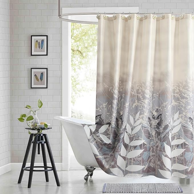 Shower Curtain 72x72 Inch, Polyester Fabric | Waterproof Botanical Design with Cream & Taupe-Grey Leaves