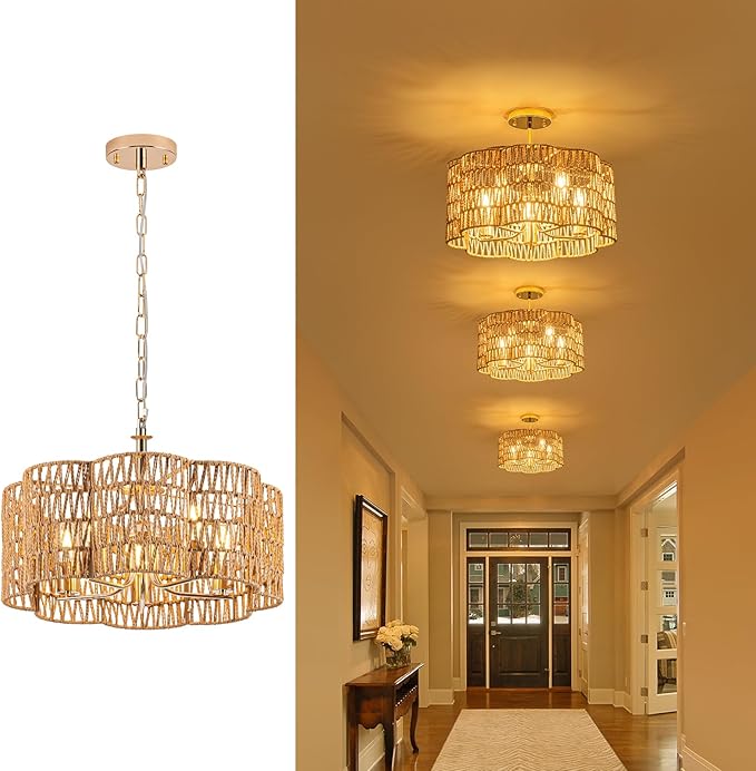 5-Light 19.6'' Convertible Rattan Chandelier - Flush Mount/Pendant Farmhouse Ceiling Light for Dining Room, Adjustable Chain & Dimmable Design
