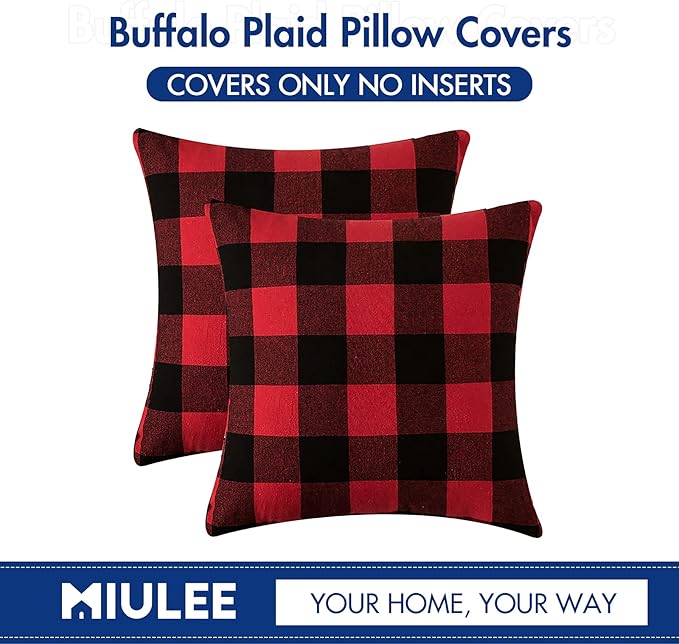 MIULEE Pack of 2 Christmas Classic Farmhouse Buffalo Check Plaids Polyester Linen Soft Soild Decorative Porch Throw Pillow Covers Home Decor Cushion Case for Sofa Bedroom 18x18 Inch, Black and Red