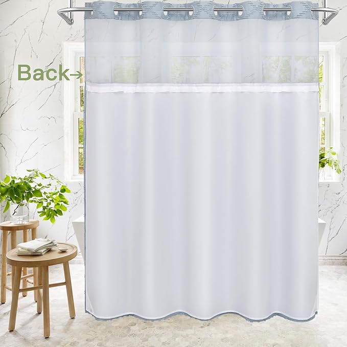 Boho FogBlue Woven Fabric Shower Curtain 72 x 74 Modern Farmhouse, No Hooks Tufted Chevron Striped Shabby Chic Textured, Minimalist Cloth Curtain for Bathroom, Hotel Decor