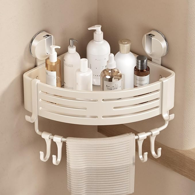 VOLPONE Corner Shower Caddy Suction Cup Shower Shelf Corner No Drilling Bathroom Shower Organizer Storage Rack Adhesive with Towel Bar (1-Pack, Ivory)