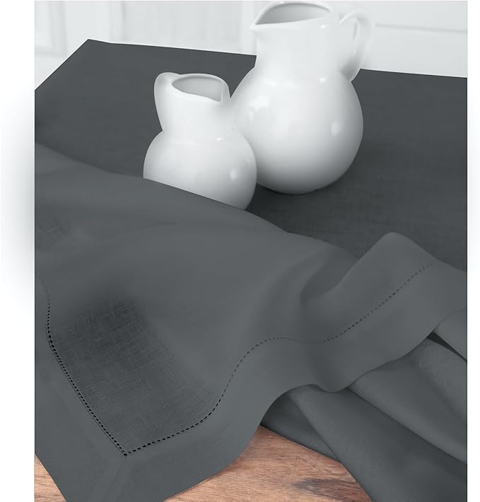 Solino Home Linen Hemstitch Table Runner 36 Inches - 100% Pure Linen Dark Grey Table Runner 14 x 36 Inch Ideal for Dresser and Coffee Tables - Classic Hemstitch - Thanksgiving